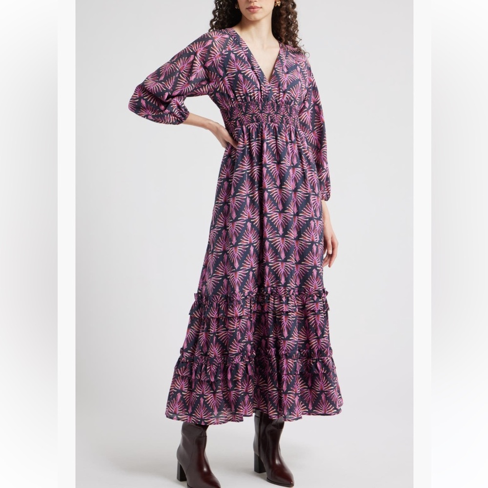 Chelsea28 Navy and Pink V-Neck Long Sleeve Tiered Maxi Dress
